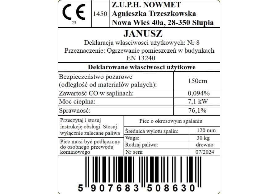 Zdjęcie: Piec szamotowy Janusz 7,1 kW NOWMET