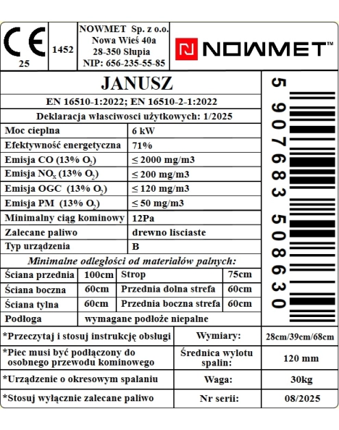 Zdjęcie: Piec szamotowy Janusz 6 kW NOWMET