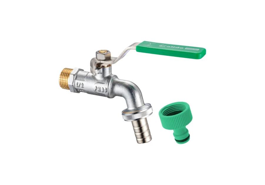 Zdjęcie: Zawór na zawieszce kulowy czerpalny 1/2"x3/4"x15 szybkozłącze CALIDO