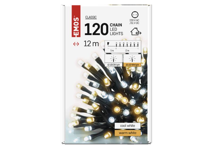 Zdjęcie: Lampki choinkowe Classic 120 LED 12 m ciepła + zimna biel, IP44 EMOS