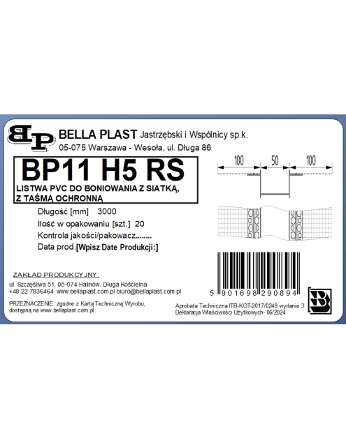 Zdjęcie: Listwa do boniowania PVC z siatką BP11 H5RS L300 biała BELLA PLAST