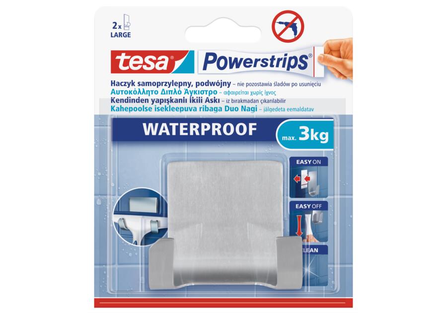 Zdjęcie: Haczyk samoprzylepny Powerstrips Waterproof podwójny, metal, do 3 kg TESA