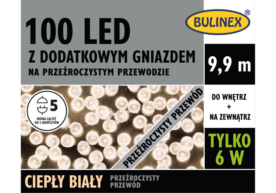 Zdjęcie: Lampki LED z dodatkowym gniazdem 9,9 m biały ciepły 100 lampek przewód przezroczysty BULINEX