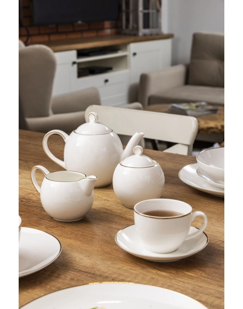 Zdjęcie: Cukiernica 380 ml porcelana kremowa w opasce new Bella złota linia ALTOMDESIGN