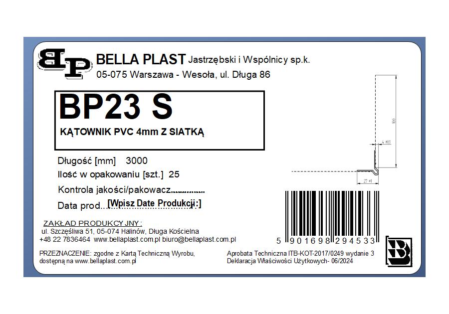 Zdjęcie: Kątownik PVC z grzbietem 4 mm z siatką BP23 S L300 biała BELLA PLAST