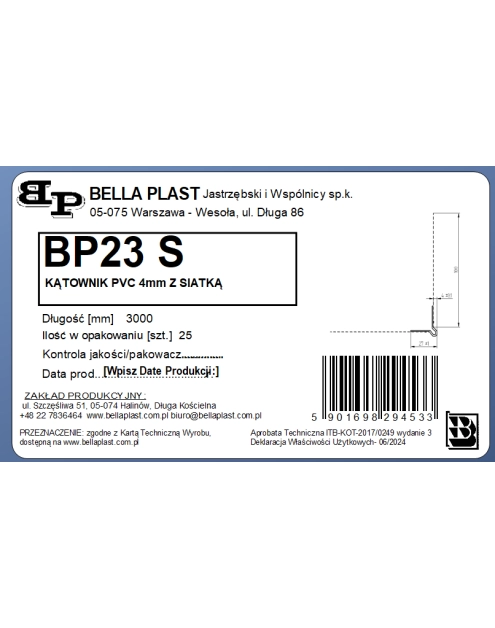 Zdjęcie: Kątownik PVC z grzbietem 4 mm z siatką BP23 S L300 biała BELLA PLAST