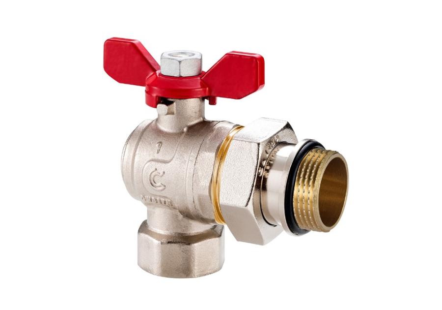 Zdjęcie: Zawór na zawieszce kulowy kątowy 3/4" w/z z półśrubunkiem, o-ringiem i motylkiem CALIDO