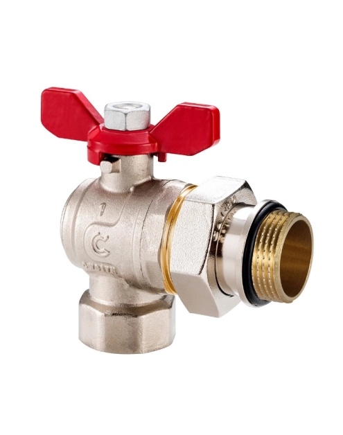 Zdjęcie: Zawór na zawieszce kulowy kątowy 3/4" w/z z półśrubunkiem, o-ringiem i motylkiem CALIDO