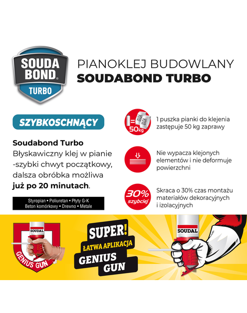 Zdjęcie: Klej budowlany szybkoschnący Soudabond Easy Turbo z aplikatorem Genius Gun 750 ml SOUDAL
