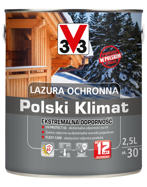 Zdjęcie: Lazura ochronna Polski Klimat Ekstremalna Odporność Sosna skandynawska 2,5 L V33