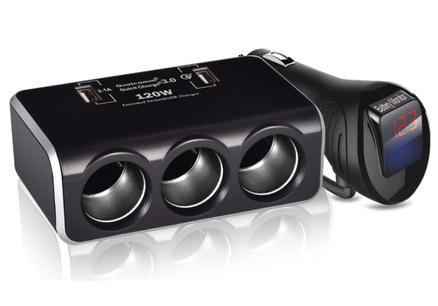 Zdjęcie: Rozgałęźnik gniazda zapalniczki na 3x gniazdo zapalniczki + 2x port USB z monitorem napięcia LB01
