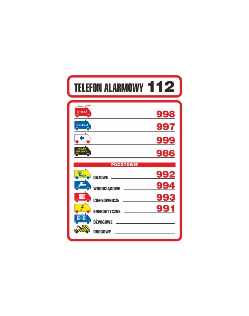 Zdjęcie: Oznaczenie "Tablica telefonów alarmowych" 14,8x21 cm METRO