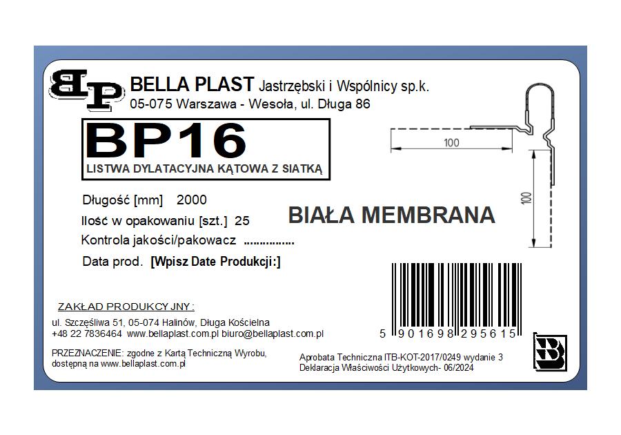 Zdjęcie: Listwa PVC dylatacyjna typu "V", kątowa BP16 L200 biała membrana BELLA PLAST