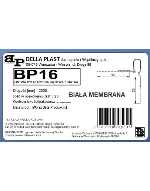 Zdjęcie: Listwa PVC dylatacyjna typu "V", kątowa BP16 L200 biała membrana BELLA PLAST