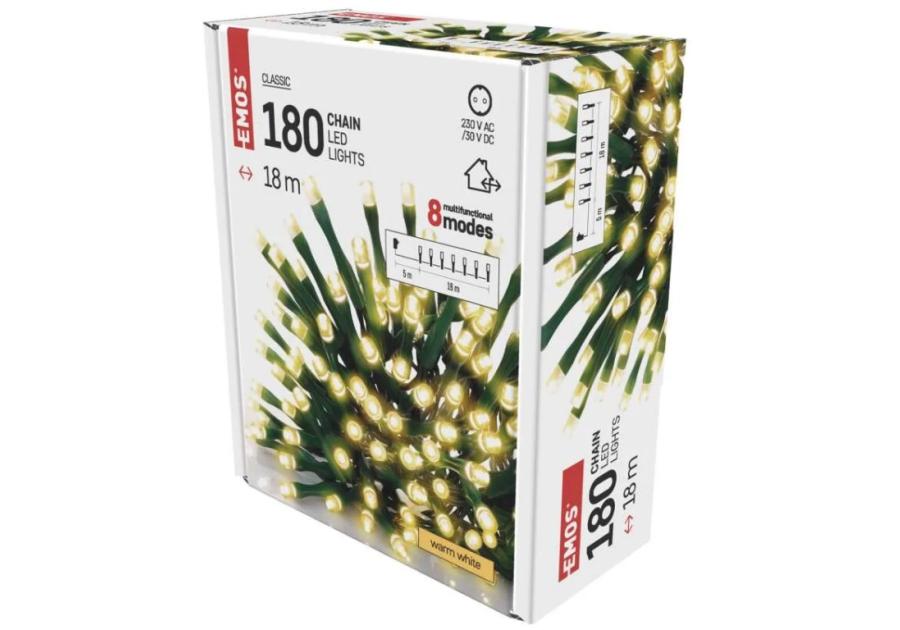 Zdjęcie: Lampki choinkowe 180 LED 18 m, ciepła biel, zielony przewód, 8 programów, IP44 EMOS