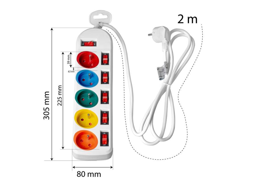 Zdjęcie: Przedłużacz 2M 5GN+0 10A biały, kolorowe gniazda VA0257 VAYOX