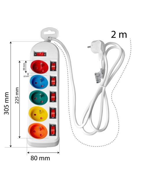 Zdjęcie: Przedłużacz 2M 5GN+0 10A biały, kolorowe gniazda VA0257 VAYOX