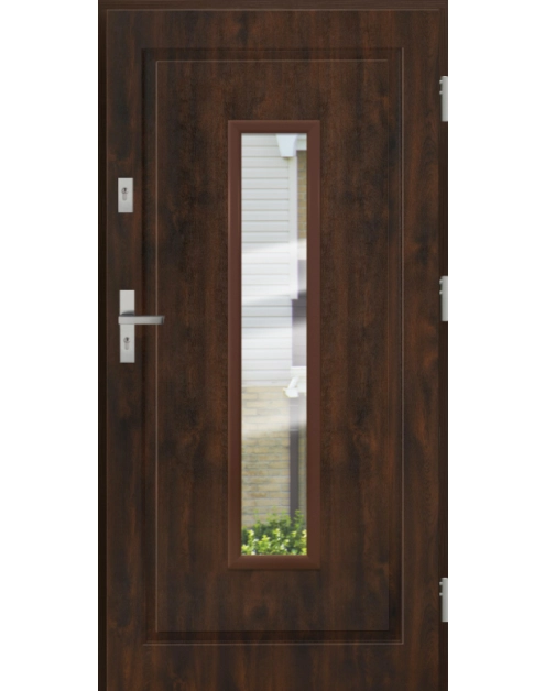 Zdjęcie: Drzwi zewnętrzne stalowo-drewniane Disting Mario 09 Orzech 90 cm prawe zamek listwowy KR CENTER