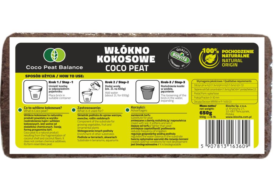 Zdjęcie: Włókno kokosowe COCO peat brykiet 650g 8-9L BIOVITA