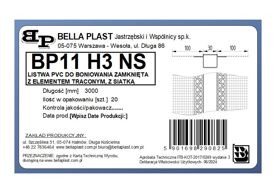 Zdjęcie: Listwa do boniowania PVC z siatką, zamknięta z elementem traconym BP11 H3NS L300 biała BELLA PLAST