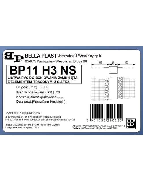 Zdjęcie: Listwa do boniowania PVC z siatką, zamknięta z elementem traconym BP11 H3NS L300 biała BELLA PLAST