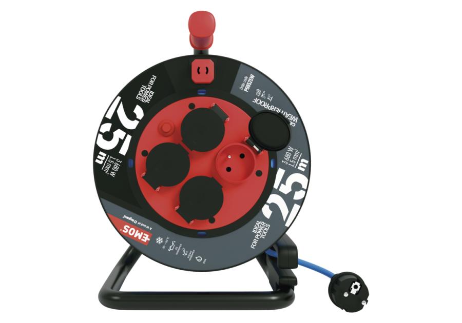 Zdjęcie: Przedłużacz zwijany mrozoodporny 25 m, 4 gniazda, niebieski, silikon, 230 V, 1,5 mm2 EMOS