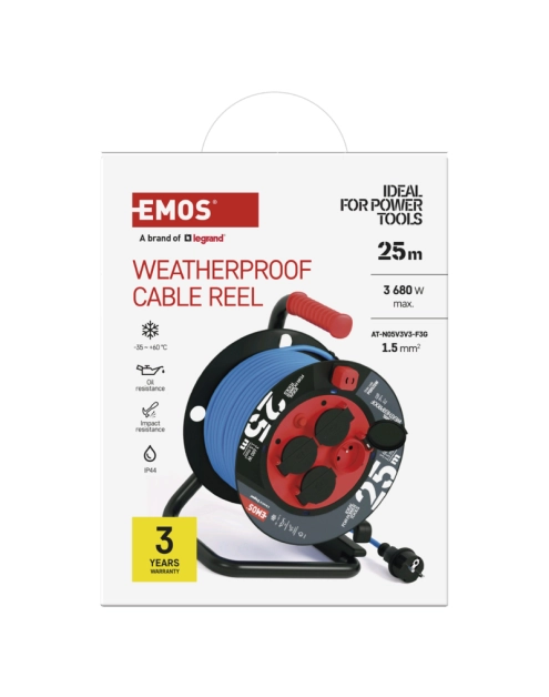 Zdjęcie: Przedłużacz zwijany mrozoodporny 25 m, 4 gniazda, niebieski, silikon, 230 V, 1,5 mm2 EMOS