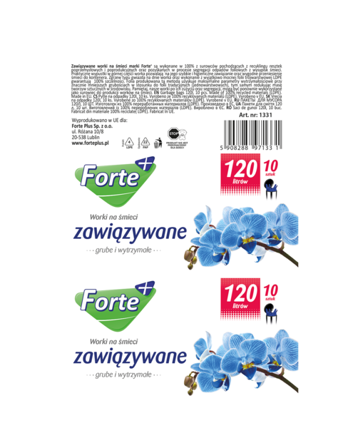 Zdjęcie: Worki na śmieci zawiązywane  LDPE 120 L - 10 szt. FORTE+