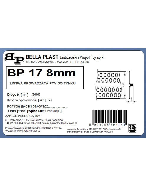 Zdjęcie: Listwa prowadząca PVC BP17 L300 8 mm biała BELLA PLAST