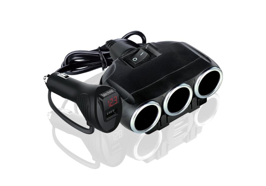 Zdjęcie: Rozgałęźnik gniazda zapalniczki na 3 gniazda z monitorem napięcia i ładowarką USB LB0123 LIBOX