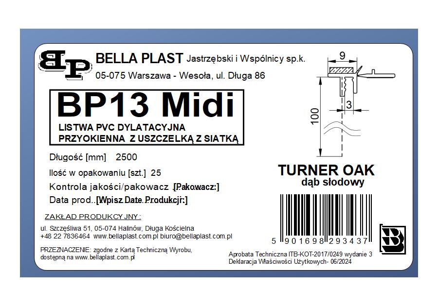 Zdjęcie: Listwa PVC BP13 Midi L250 9/3 dąb słodowy, z siatką i z uszczelką, BELLA PLAST