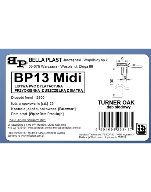 Zdjęcie: Listwa PVC BP13 Midi L250 9/3 dąb słodowy, z siatką i z uszczelką, BELLA PLAST