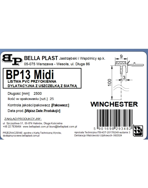 Zdjęcie: Listwa PVC BP13 Midi L250 9/3 winchester, z siatką i z uszczelką BELLA PLAST