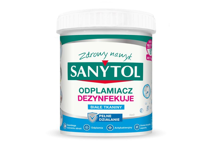 Zdjęcie: Odplamiacz dezynfekujący w proszku do białych tkanin 450 g SANYTOL