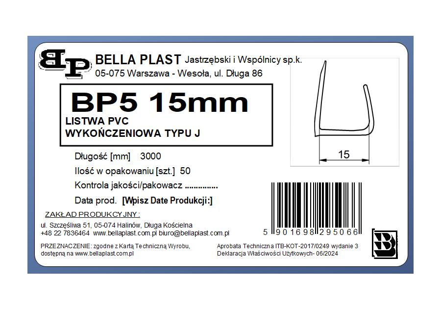 Zdjęcie: Listwa PVC wykończeniowa typu J - BP5 15 mm L300 biała BELLA PLAST