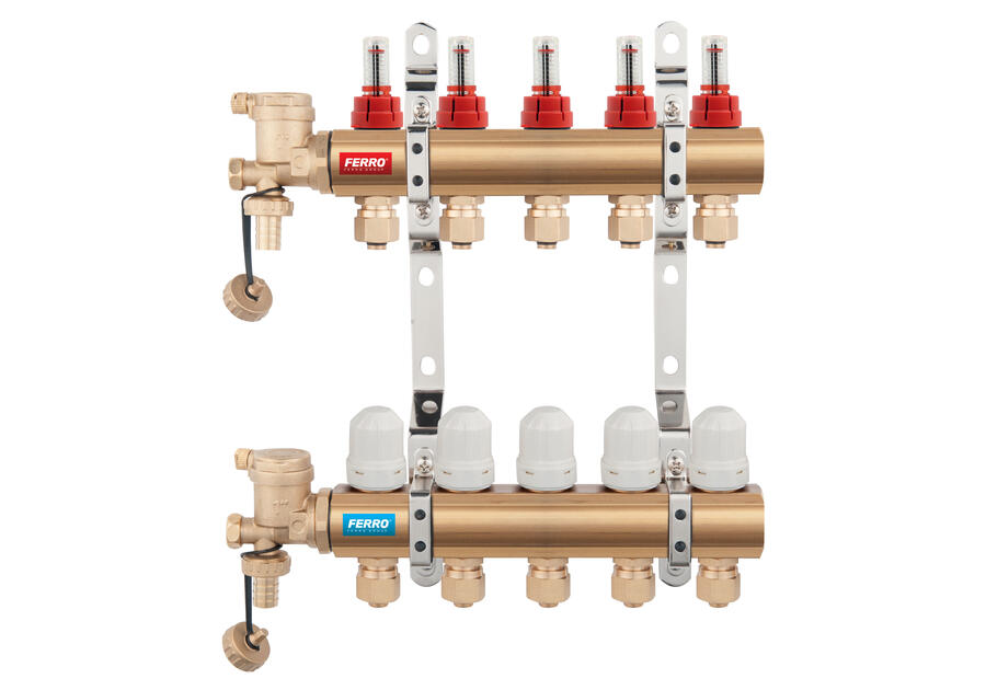 Zdjęcie: Rozdzielacz 5-drogowy z zaworem termostatycznym i przepływomierzem FERRO