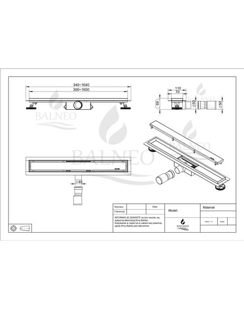 Zdjęcie: Odpływ liniowy dwustronny Duplex (pod płytkę / Virgin) - 70 cm BALNEO