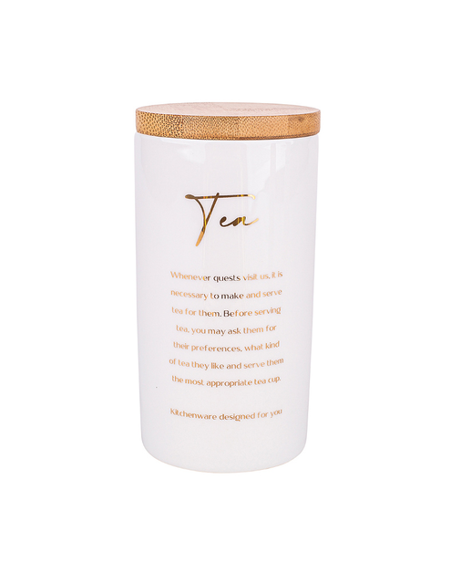 Zdjęcie: Pojemnik porcelanowy Organic z pokrywą bambusową i złotymi napisami 8x16 cm Herbata ALTOM