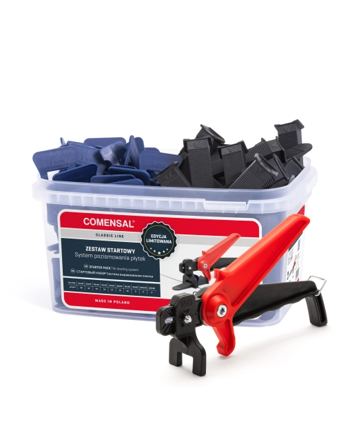 Zdjęcie: System poziomowania płytek Klips granatowy 1 mm - 110 szt.+ Klin 55 szt. czarny + szczypce COMENSAL