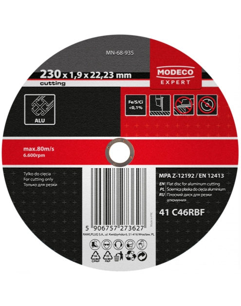 Zdjęcie: Ściernica do cięcia aluminium 230x1,9x22,23 mm płaska 25 szt. RAWLPLUG