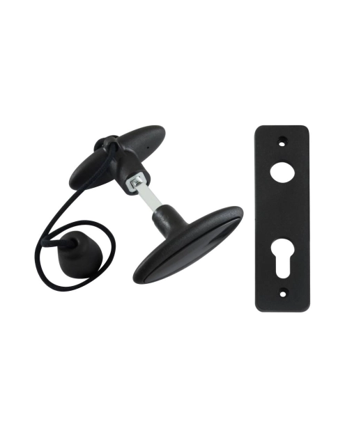 Zdjęcie: Klamka bramowa  z szyldem plastikowym 60/41x147 mm czarna KASTEL