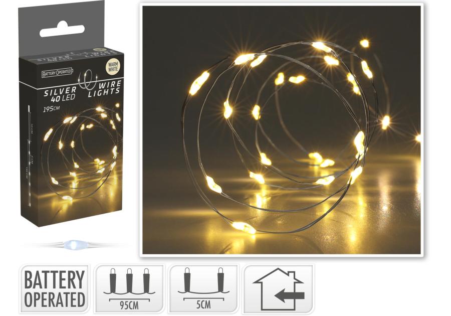 Zdjęcie: Drucik srebrny 195 cm 40 led ciepły biały na baterie KOOPMAN