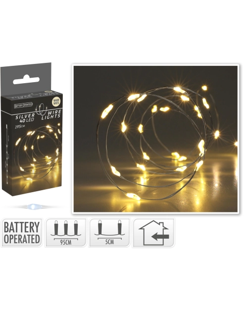Zdjęcie: Drucik srebrny 195 cm 40 led ciepły biały na baterie KOOPMAN