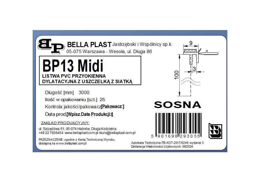 Zdjęcie: Listwa PVC BP13 Midi L300 9/3 sosna, dylatacyjna, z siatką i z uszczelką BELLA PLAST