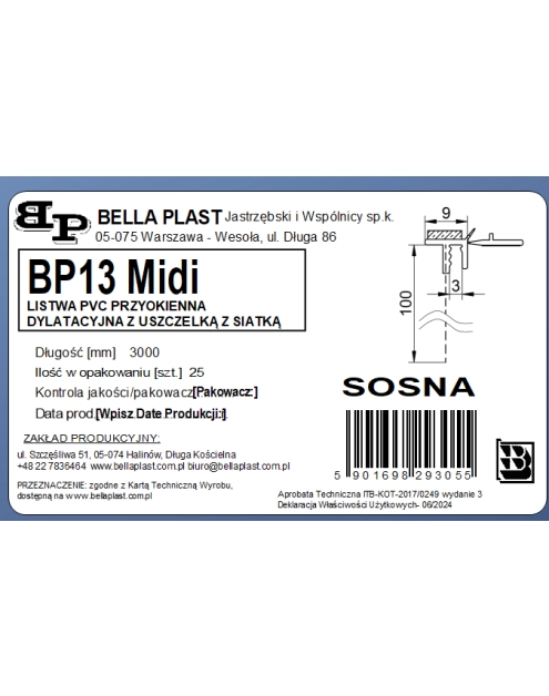 Zdjęcie: Listwa PVC BP13 Midi L300 9/3 sosna, dylatacyjna, z siatką i z uszczelką BELLA PLAST