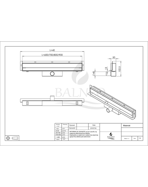 Zdjęcie: Odpływ liniowy ścienny W-Drain - 80 cm BALNEO