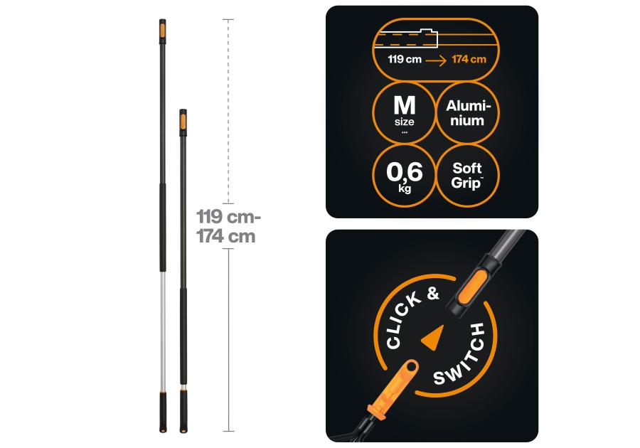 Zdjęcie: Trzonek teleskopowy aluminiowy rozmiar M, 119 cm - 174 cm One Click FISKARS