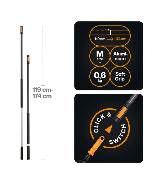Zdjęcie: Trzonek teleskopowy aluminiowy rozmiar M, 119 cm - 174 cm One Click FISKARS