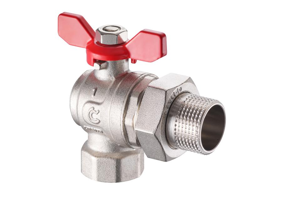 Zdjęcie: Zawór na zawieszce kulowy kątowy 1/2" w/z z półśrubunkiem i motylkiem, pełen nikiel CALIDO