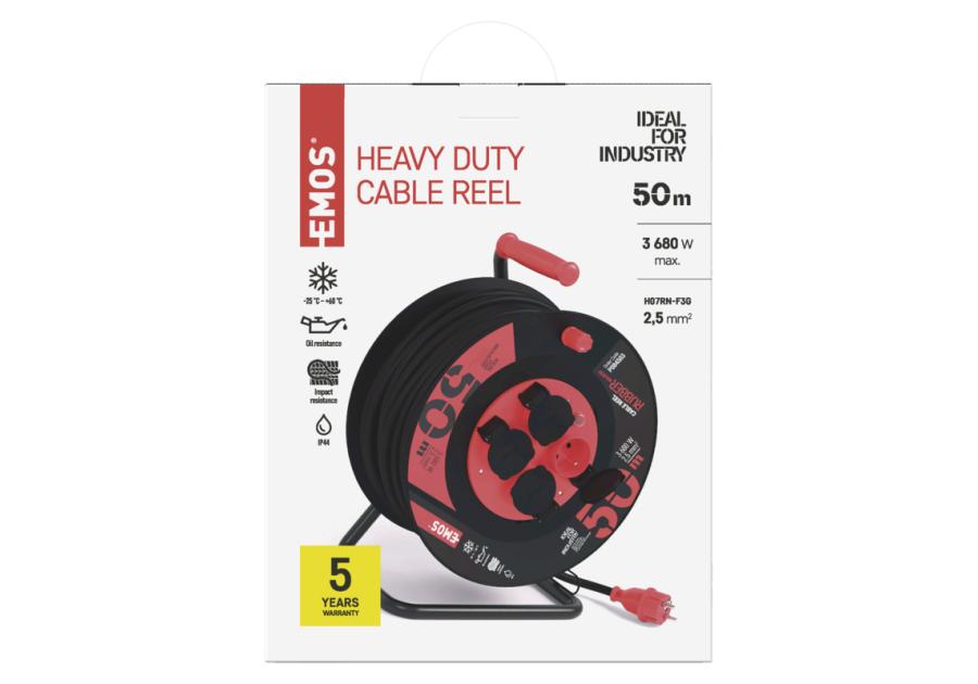 Zdjęcie: Przedłużacz zwijany ogrodowy 50 m, 4 gniazda, czarny, guma-neopren, 230V, 2,5 mm2 EMOS